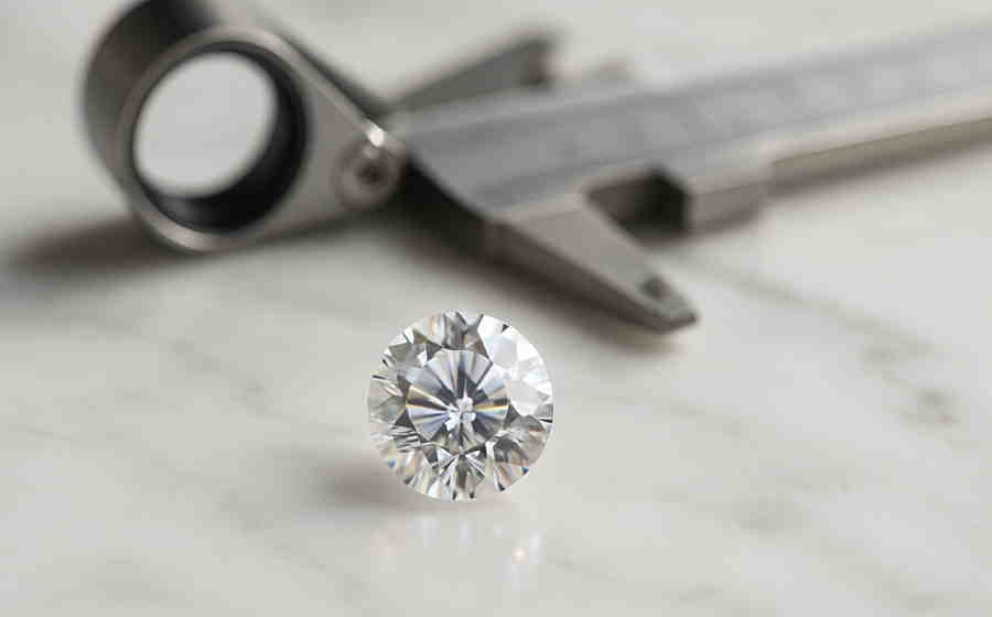 ルーペとノギスとラウンドダイヤで示すダイヤモンドの4Cとカットの基礎解説用イメージ